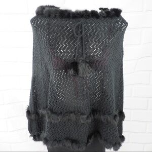 Frost OS black silk blend knit cape w/rabbit hair trim and pompons